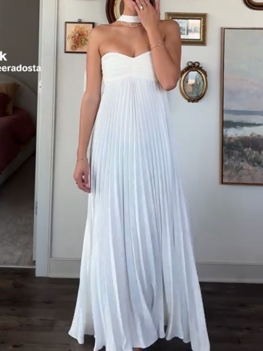 White Pleated Strapless Maxi Dress w/ Neck Scarf